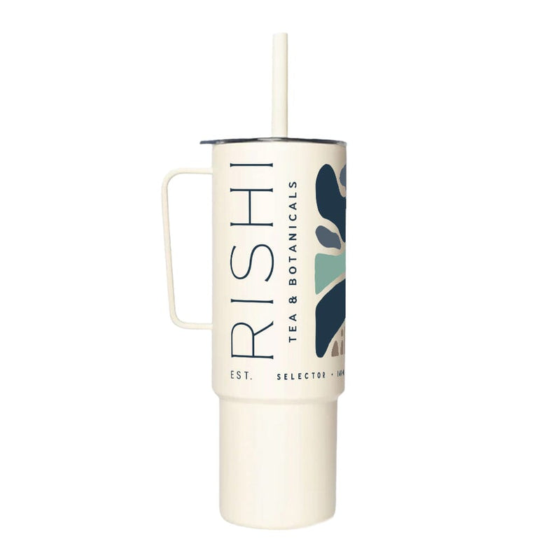 A reusable travel mug labeled